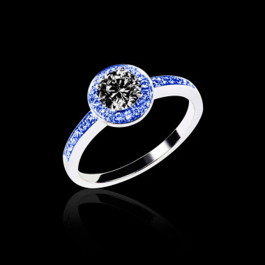 Bague de fiançailles diamant noir pavage saphir bleu or blanc Rekha 