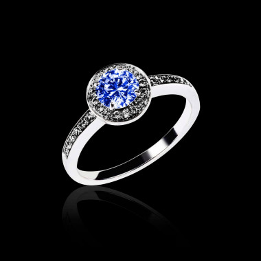Bague de fiançailles saphir bleu pavage diamant noir or blanc Rekha 