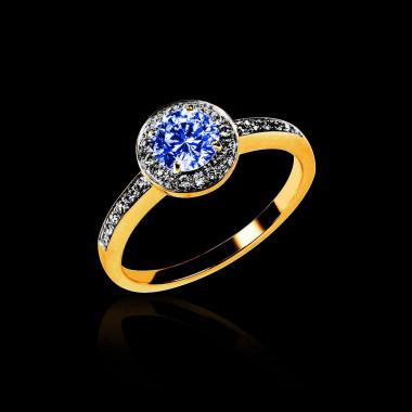 Bague de fiançailles saphir bleu pavage diamant noir or jaune Rekha 