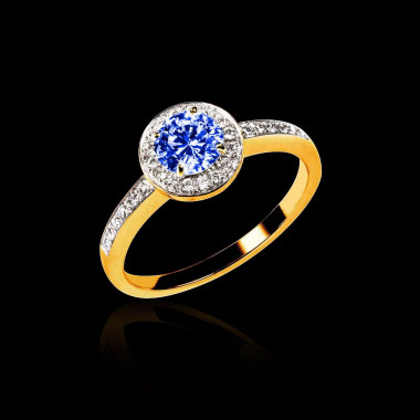 Bague de fiançailles saphir bleu pavage diamant or jaune Rekha 