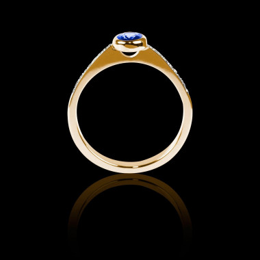 Bague Solitaire saphir bleu forme ovale pavage diamant or jaune Moon
