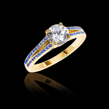 Bague de fiançailles diamant pavage saphir bleu or jaune Marie 